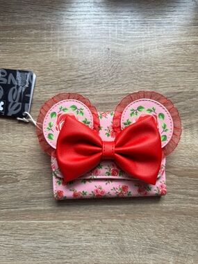 Floral Minnie Mouse Ear Wallet with Red Bow